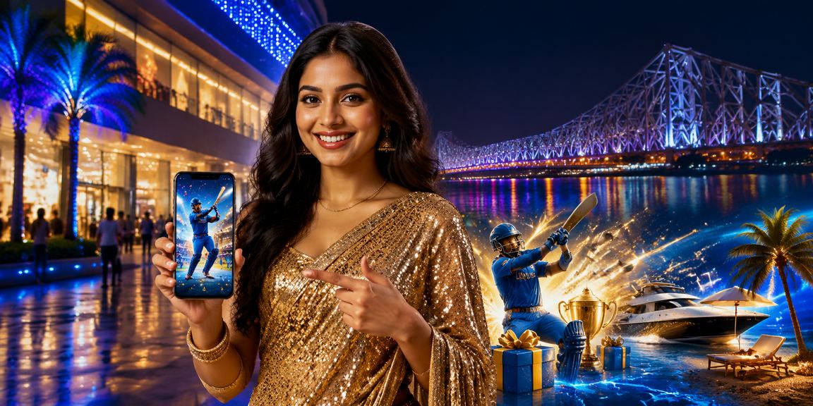 Vibrant cricket betting scene in Kolkata with blue and gold neon
